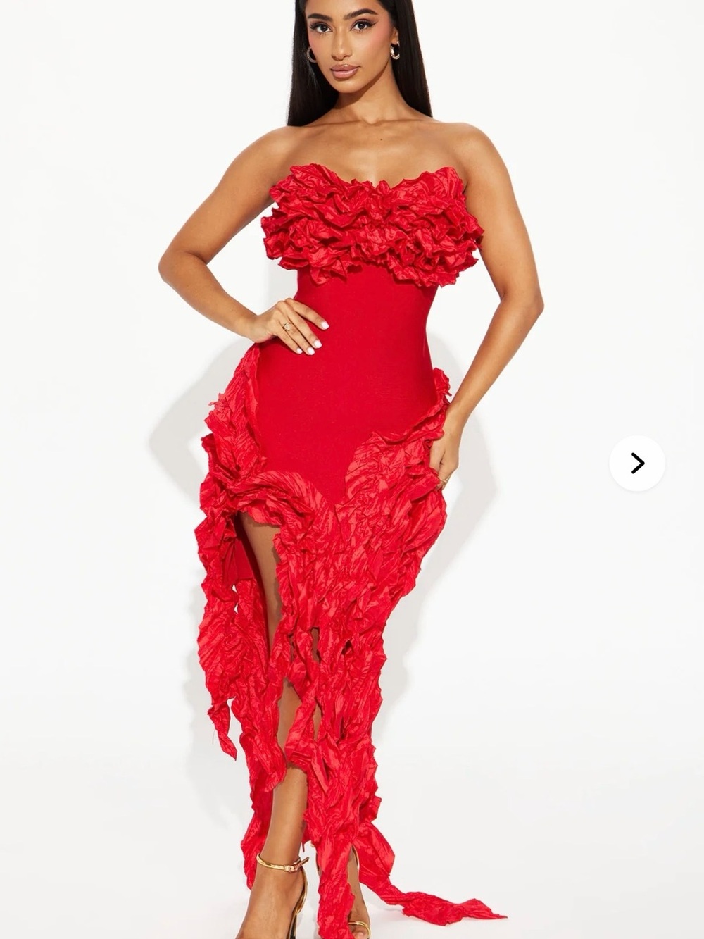 Fashion Nova Strapless Red Ruffle Cascade Gown